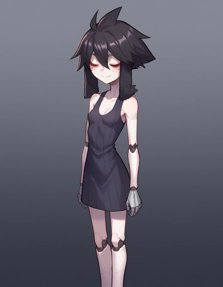 zPDXL, score_9, score_8_up, score_7_up, source_anime,
1girl, solo, <lora:Popoka_v2:0.8> ppka, <lora:Furfrou_v2:0.8> furfrou, dog ears, dog tail, dog girl, black fur, white skin, red eyes, jitome, bags under eyes, small breasts, freckles,, (closed eyes:1.2), smile, onna zuwari, (cyborg) wearing sleeveless dress, Metallic exoskeleton arms with intricate circuitry, glowing LED accents, Ceramic-coated legs braces with geometric patterns, iridescent ceramic finish, lightweight design,,
