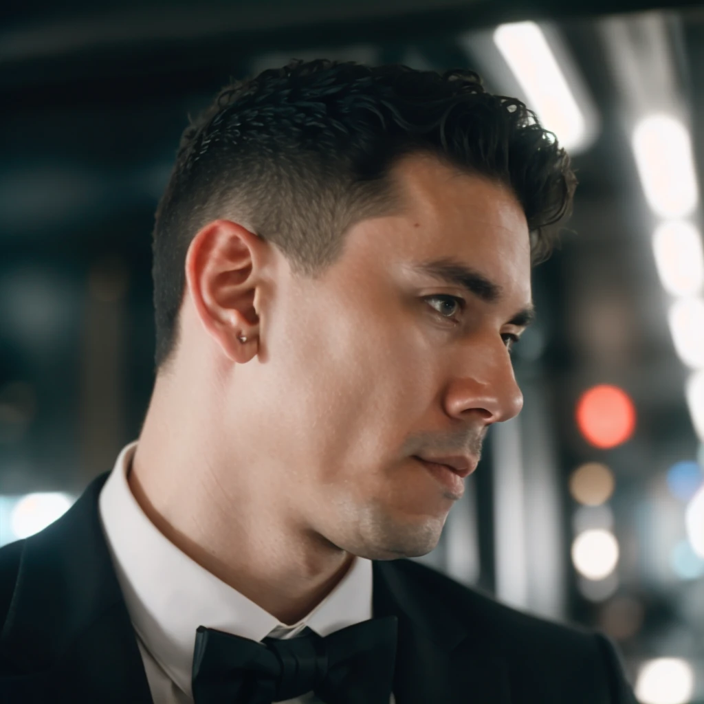 DLSR photo of richiears person using a tuxedo, face portrait, in blade runner, daylight, professional photography, high resolution, detailed photo, RAW, still film, f/16, uhd, hdr, 4k <lora:richiears_23400:1>