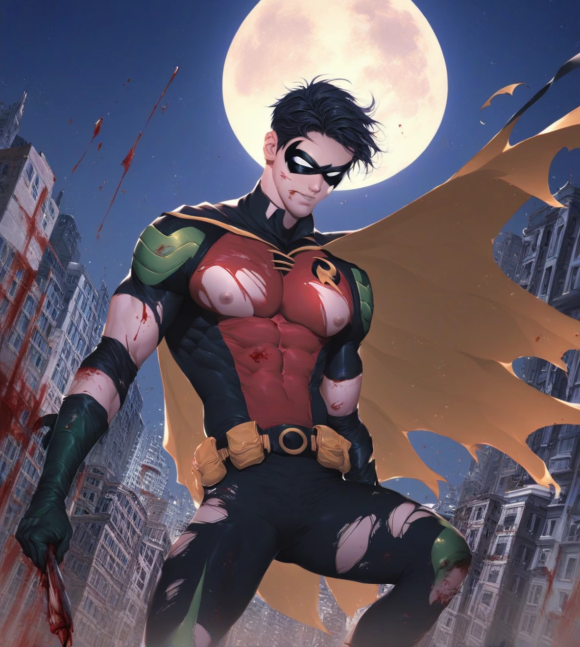 <lora:Timperson:1> score_9, score_8_up, score_7_up, robin, tim drake,  solo, looking at viewer, torn clothes, black bodysuit, cape, utility belt, pecs, muscular male, black hair, short hair, nipple, rooftop, city, night, sky, moon, blood, cowboy shot, mask,