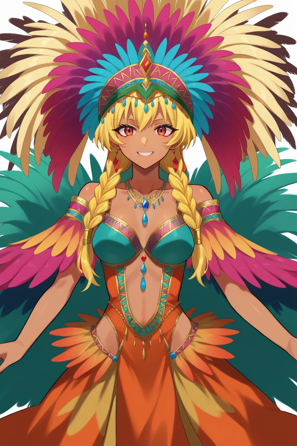 score_9, score_8_up, score_7_up,  BREAK cowboy shot,1girl,solo,upper body,,source_anime,digital painting,smile,looking at viewer,
edgCarnival, long hair, breasts, blonde hair,collarbone , braid, high heels, dark skin, dark-skinned female, headdress ,wearing edgCarnival,multicolored dress with feathers,jewelry
<lora:edgCarnivalPony:1>