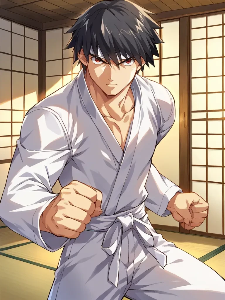 score_9, score_8_up, score_7_up, source_anime, <lora:Magami_Yuuji_-_Only_You_-Re_Cross-__Only_you_-リクルス-:1>,
1boy, solo, black hair, short hair, red eyes, white karate gi, indoors, dojo, serious, standing, arm foward, punch, punching, white headband