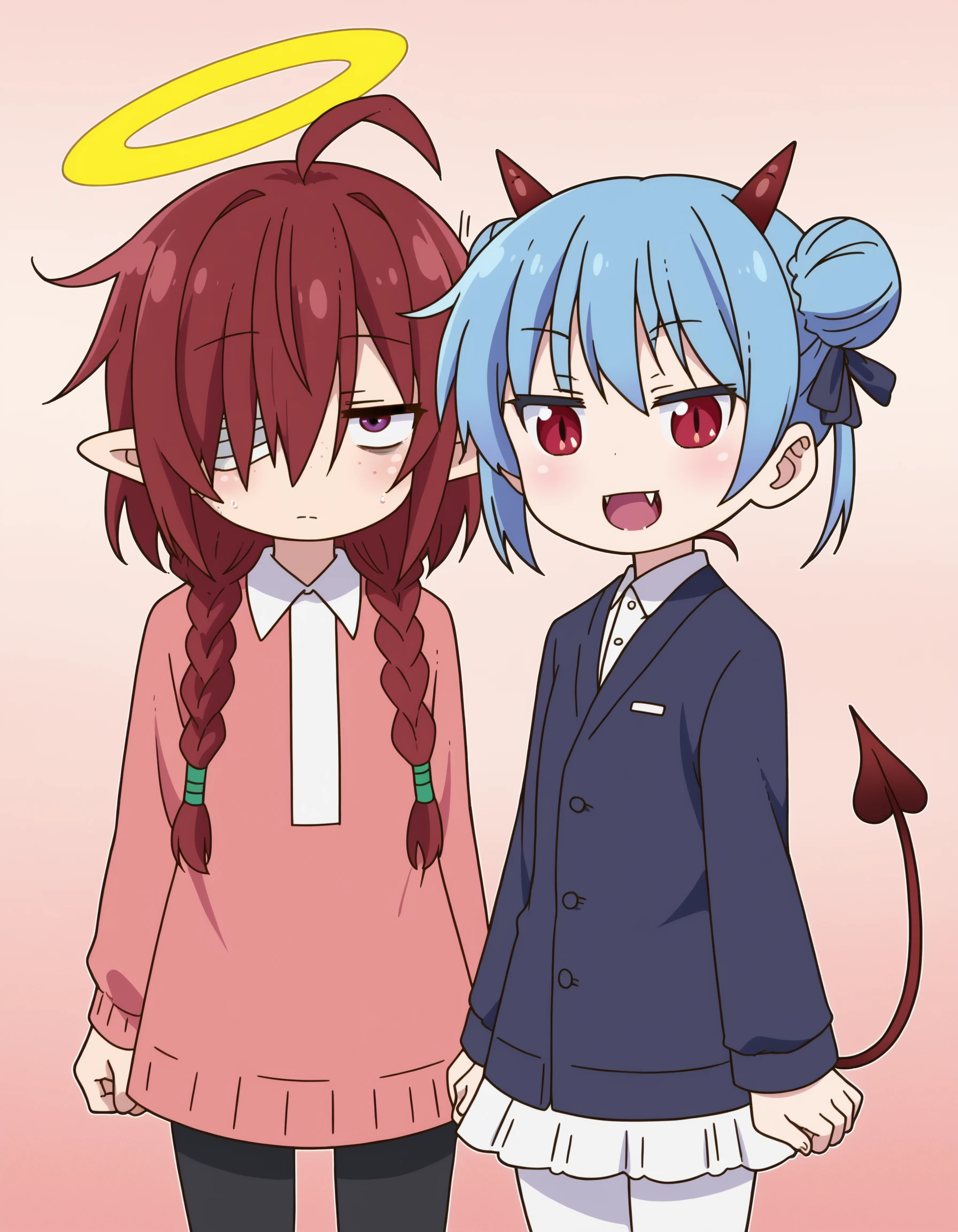 zPDXL, score_9, score_8_up, score_7_up, source_anime, (portrait), <lora:KobayashiDragonPack:1> drgmd, 2girls, multiple girls, <lora:Nullantwins:0.8>,
2girls, multiple girls, Lynn, red hair, red eyes, (bandage over one eye, hair over one eye), braided ponytail, halo, freckles, bags under eyes, jitome, ahoge, pointed ears, flat chest, black jacket, butler, white shirt, black tie, black pants,
2girls, multiple girls, Zhuu, blue hair, red eyes, pointy ears, fangs, large fangs, red horns, demon tail, flat chest, (double bun), white pantyhose, maid, maid headdress, black dress, elbow gloves, white gloves, juliet sleeves, short sleeves,