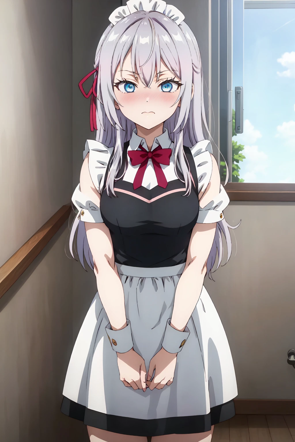 AlisaMikhailovnaKujou, 4k, absurd, high resolution, very high resolution, high definition, masterpiece, 1 girl, long hair, blue eyes, duct tape, hair ribbon, gray hair, house, inside, maid dress, v arms, blushing<lora:EMS-391416-EMS:0.900000>