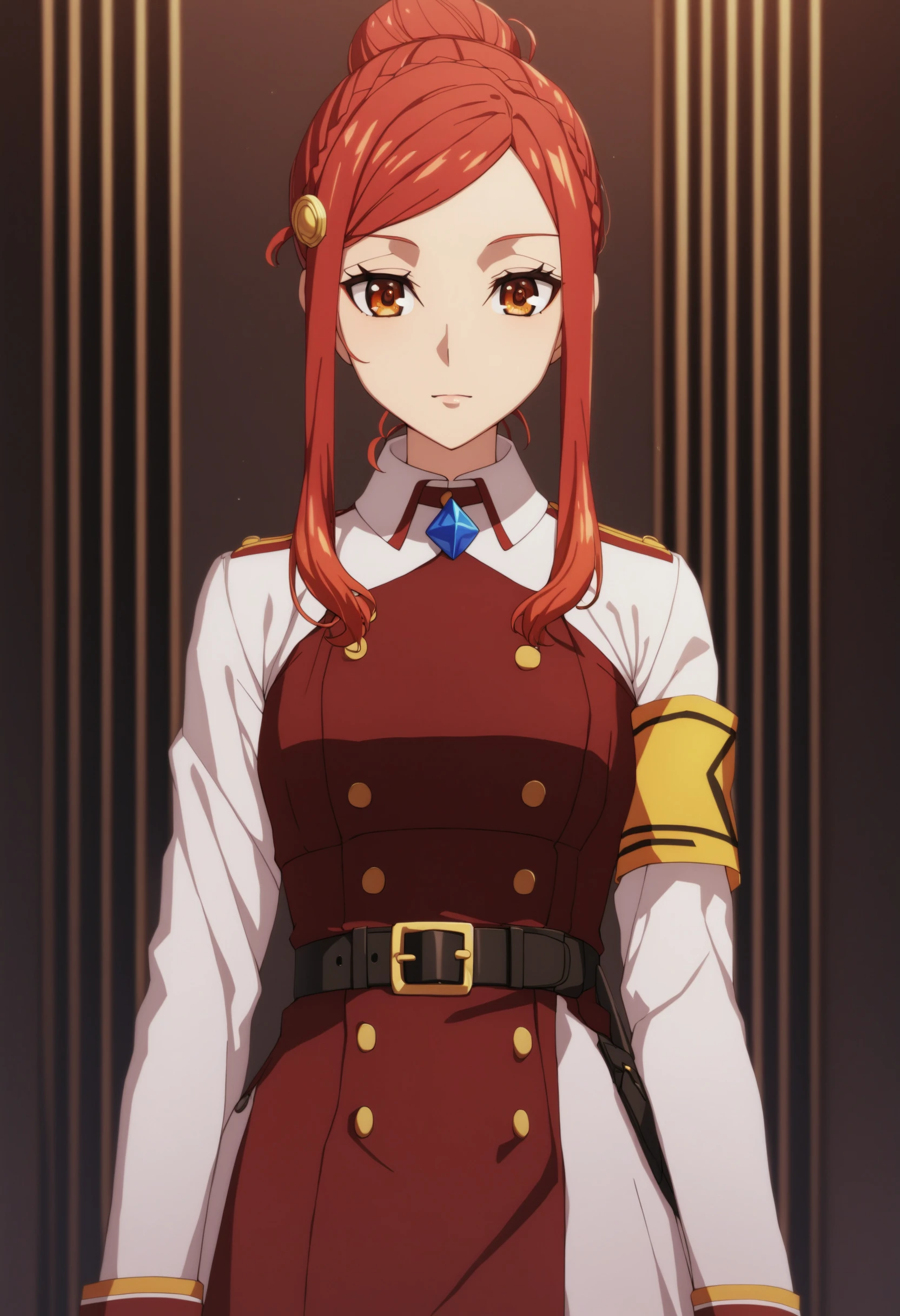 sysdeep_karnatia, 1girl, solo, long_hair, breasts, long_sleeves, medium_breasts, orange_eyes, sidelocks, red_hair, belt, hair_bun, uniform, single_hair_bun, armband, <lora:Karnatia Seri Anabald - [So Im a Spider So What] - SDXL Version 1:1>