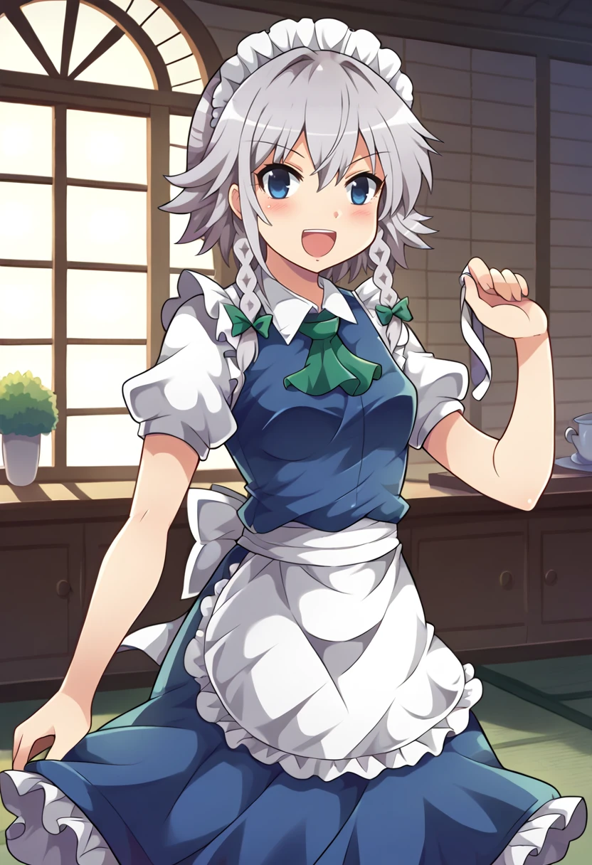 score_9, score_7_up, hd, (ultra hd quality details), indoors, day,
solo, 1girl, izayoi_sakuya, touhou, maid_headdress, twin_braids, hair_bow, white_apron, waist_apron, green_bow, blue_dress, puffy_short_sleeves, white_shirt, maid_apron, frilled_apron, small breasts,
looking at viewer, smile, open mouth,
standing,
<lora:_colonel_aki_style-elesico:1.1> <lora:Touhou_pony:0.4>