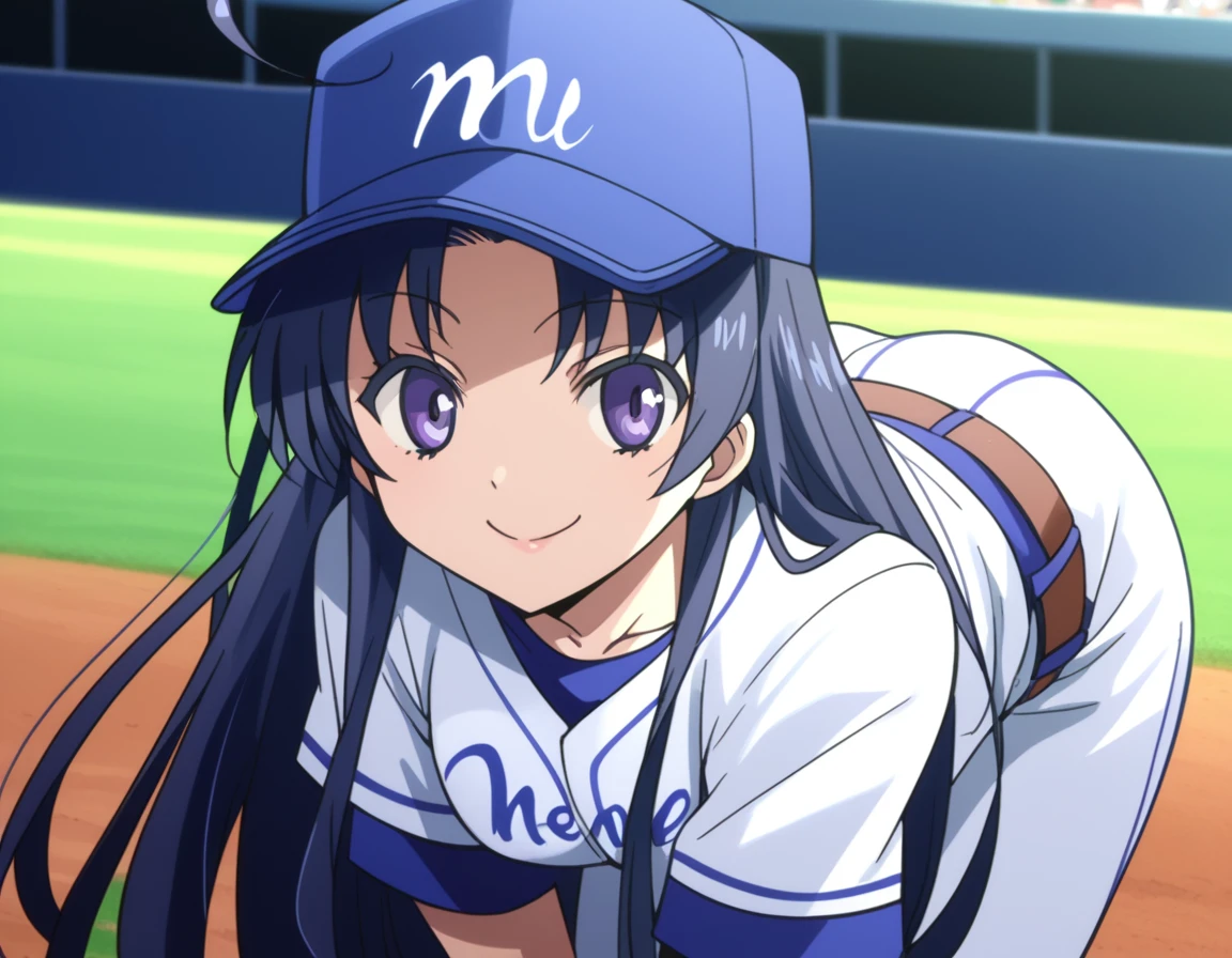 score_9, score_8_up, score_7_up, source_anime,
memetouwa, <lora:meme-touwa-s1-ponyxl-lora-nochekaiser:1>,
meme touwa, long hair, blue hair, purple eyes, ahoge, parted bangs,
hat, uniform, baseball cap, sportswear, baseball uniform,
outdoors, stadium, smile, ,
cowboy shot, looking at viewer, dutch angle, solo,