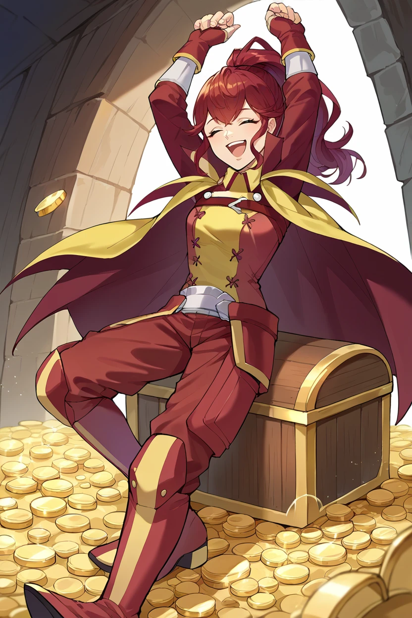 score_9, score_8_up, score_7_up, score_6_up, source_anime BREAK 1girl, solo, <lora:feanna-pdxl-nvwls-v1-000005:1> fe13Anna, red hair, ponytail, red and yellow tunic, maroon cape, belt, fingerless gloves, red pants, boots, opening treasure chest, treasure chest, gold coins, happy, open mouth, dungeon, closed eyes, arms up, celebrating