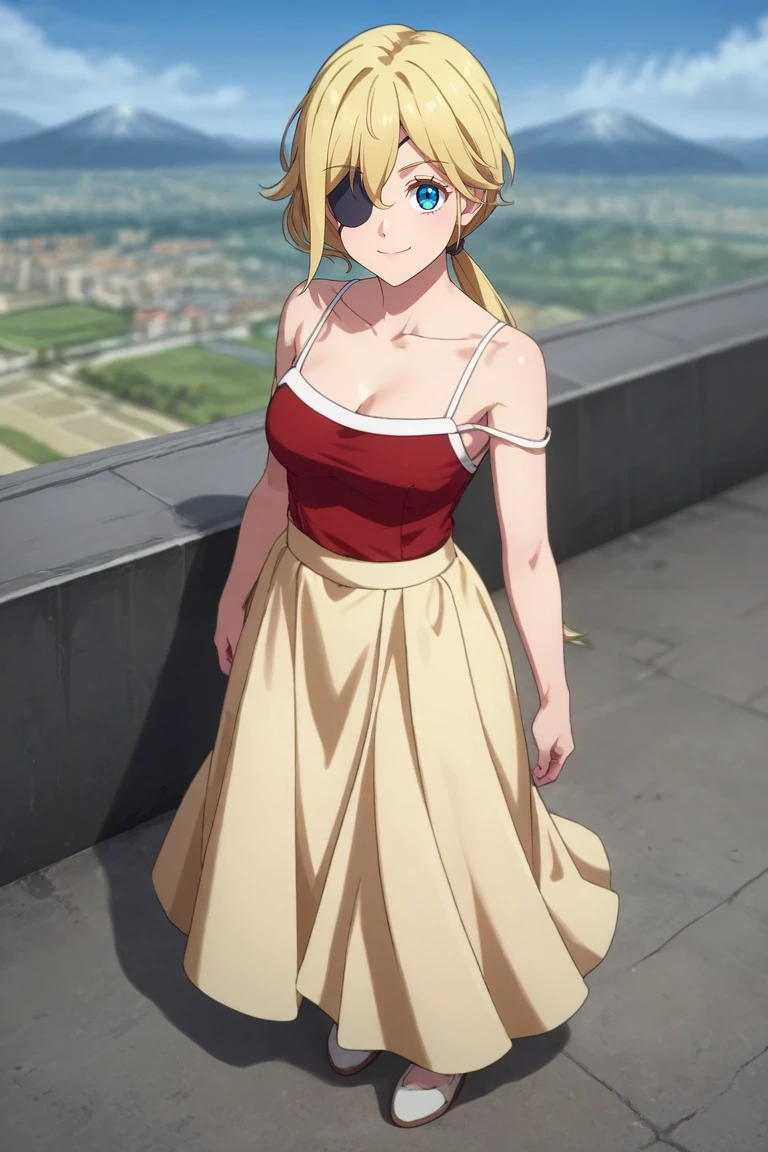 score_9, score_8_up, score_7_up, source_anime, rating_safe, , (realistic:0.6), looking at viewer, depth of field, 1girl, solo, <lora:muriel_besson_pony:0.98>, muriel_besson, blonde hair, blue eyes, eyepatch, long hair, ponytail, low ponytail, from above, full body, mountaintop city, day, clouds, villain pose, light smile, camisole, strap slip, long skirt, <lora:sdxl_lightning_8step_lora:1>