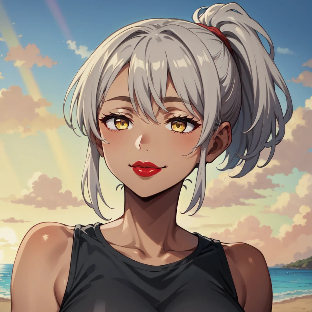 (masterpiece, best quality:1.2), solo, 1girl, dis, 1girl, oiled, ponytail, gray hair, brown eyebrows,dark skin, yellow eyes,((big lips, red lipstick)), big breasts, skinny, tall,shirt lift, black tank top,
masterpiece, best quality, solo, smile, (closed mouth), portrait, half-closed eyes, meme, sunset, beach, looking at object, <lora:dis:0.8>, (from side:0.6) , sunbeam,