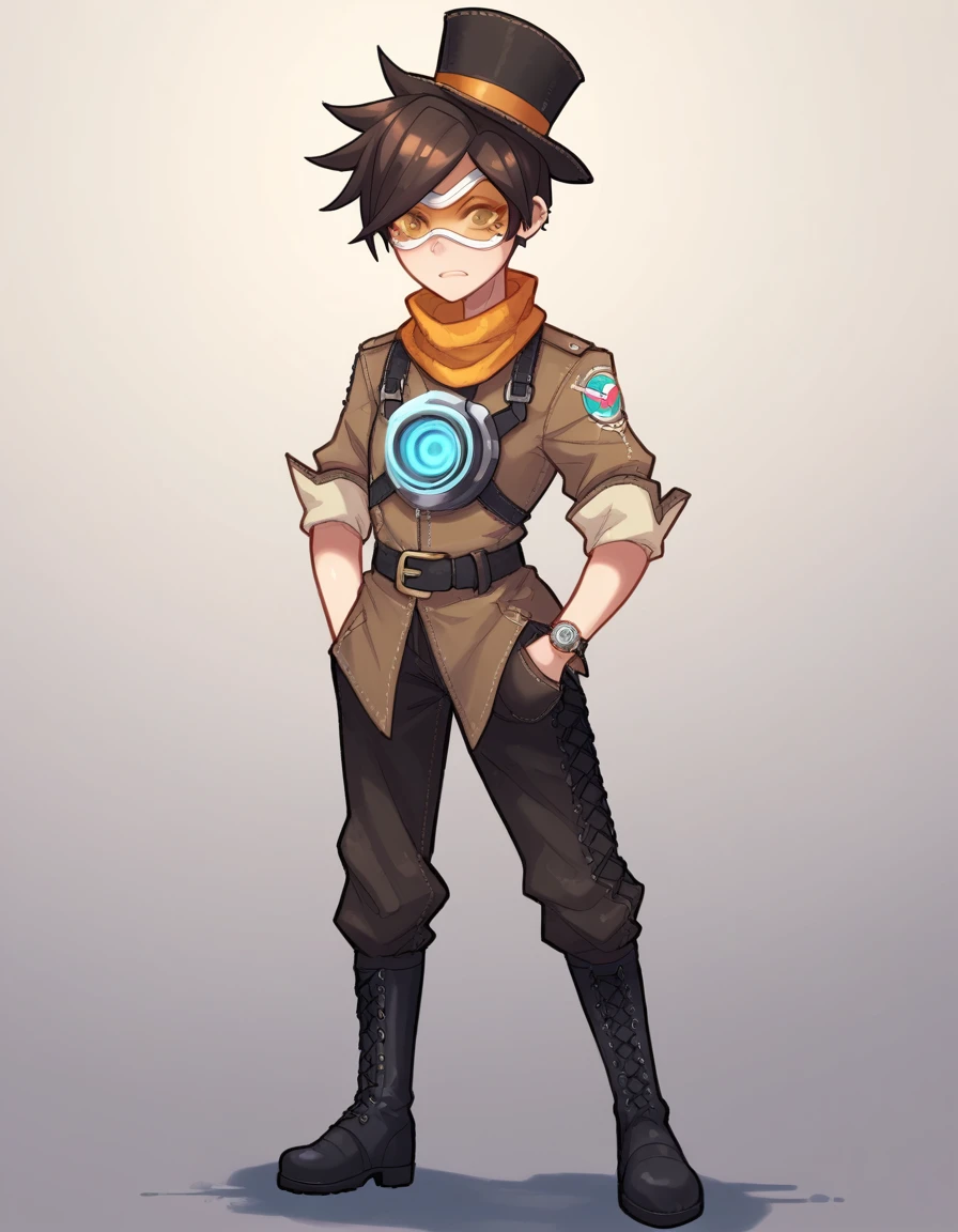 zPDXL, score_9, score_8_up, score_7_up, source_anime,
1girl, solo, <lora:Popoka_v2:1> ppka, Tracer, short hair, brown hair, tearing up, bent_over, wearing a steampunk attire, Chainmail halter top with rivet detailing, leather trousers with pocket watch chain, leather tricorn hat, buckle-adorned boots, Gear-adorned scarf,