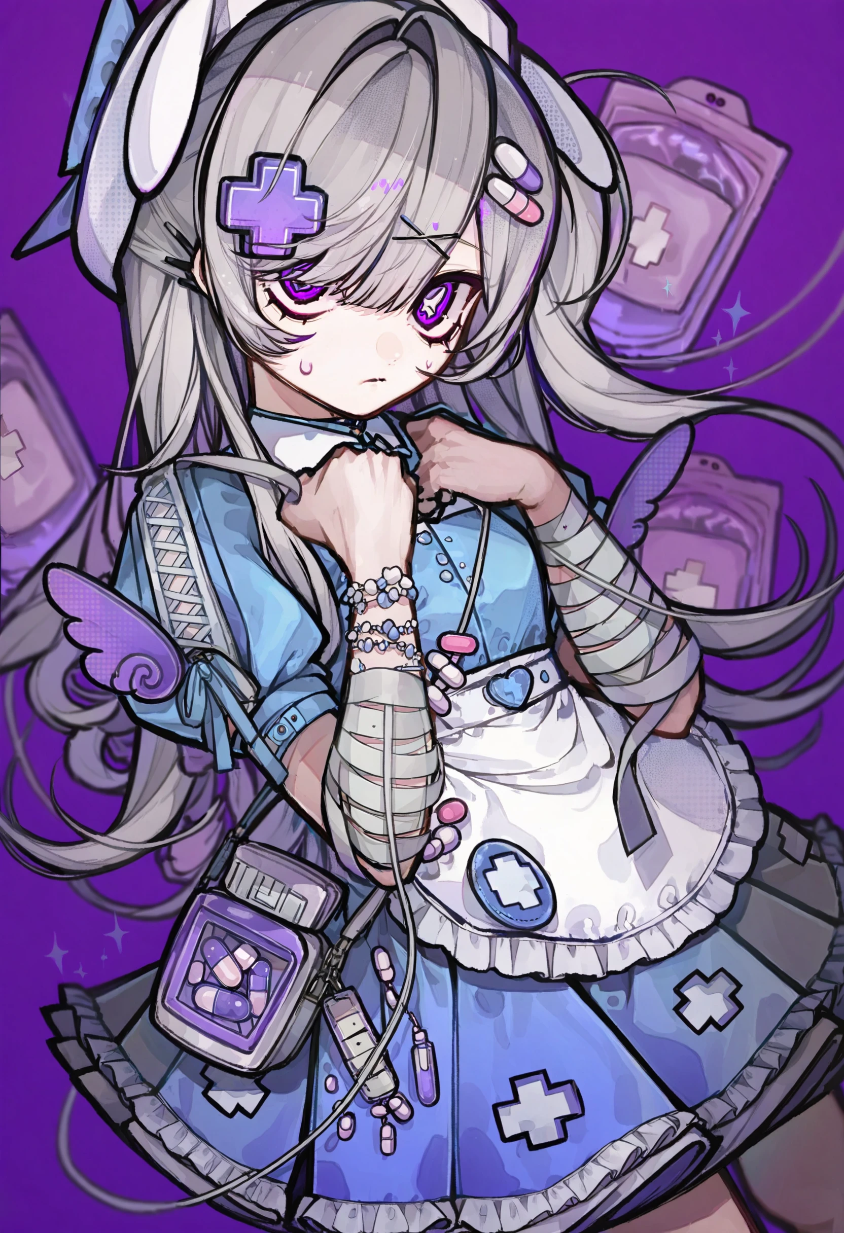 masterpiece, best quality,1girl, solo, long hair, purple eyes, hat, hair ornament, dress, short sleeves, bandages, purple theme, purple background, apron, pill, bracelet, looking at viewer, nurse cap, wings, x hair ornament, grey hair, frills, blue dress, white apron, bandaged arm, holding, bag, puffy short sleeves, heart, jewelry, closed mouth
<lora:trXLlokr4f-000178:0.95>