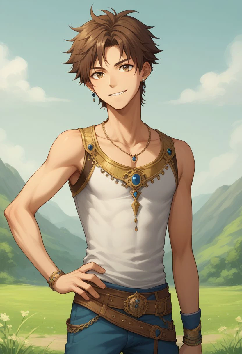 score_9, score_8_up, source_anime, highly detailed, 1boy, solo, skinny,
bartz, brown hair, short hair, solo, 1boy, male focus, jewelry, earrings, boots, hand on hip, brown eyes, smile,
outdoor, upper body,