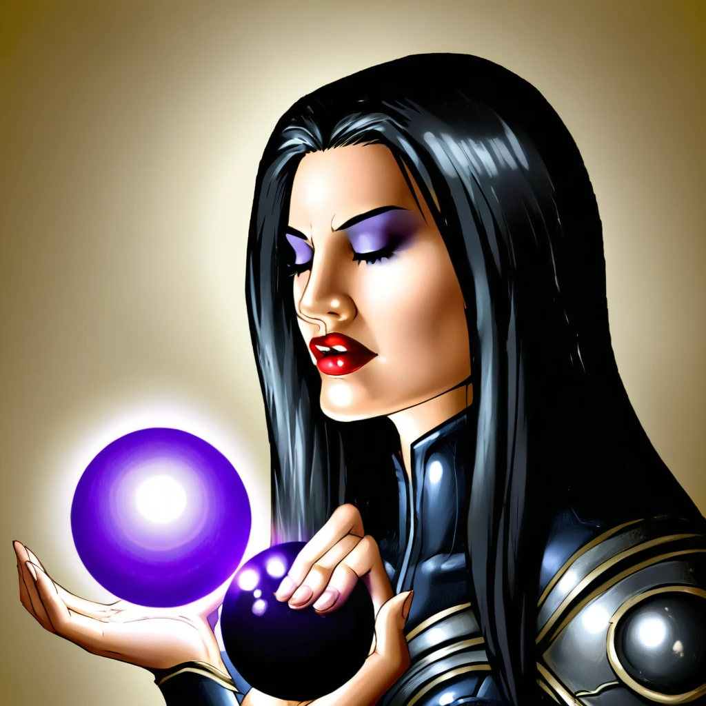 shar, shar \(baldurs gate\), 1girl, solo, long hair, black hair, closed eyes, armor, lips, bodysuit, makeup, lipstick, orb
