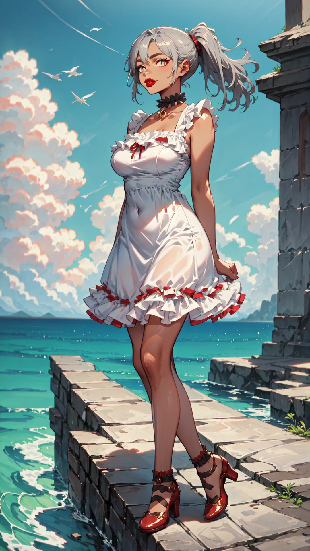 (masterpiece:1.1), hi-res, 4k, extremely delicate and beautiful art, pastel color, anime, beautiful detailed eyes, 1 anime girl, a girl sitting on the ground, lean back with arms behind back, knees up, wind, blue sky with clouds, bare midriff, (long hair:1.6), the water's edge, dutch angle, full body, 
dis, 1girl, gray hair, brown eyebrows,dark skin, yellow eyes,((big lips, red lipstick)), big breasts, skinny, tall, white dress,  <lora:dis:1> cute, (frilled dress, frilled choker, frills:1.4)  light smile, 
digital painting, vibrant colors, character design by Sakimichan, Saccstry, and WLOP, artstation, high resolution UHD, dynamic lighting, uhd, absurdres, dynamic lighting, dynamic pose, bright colors,