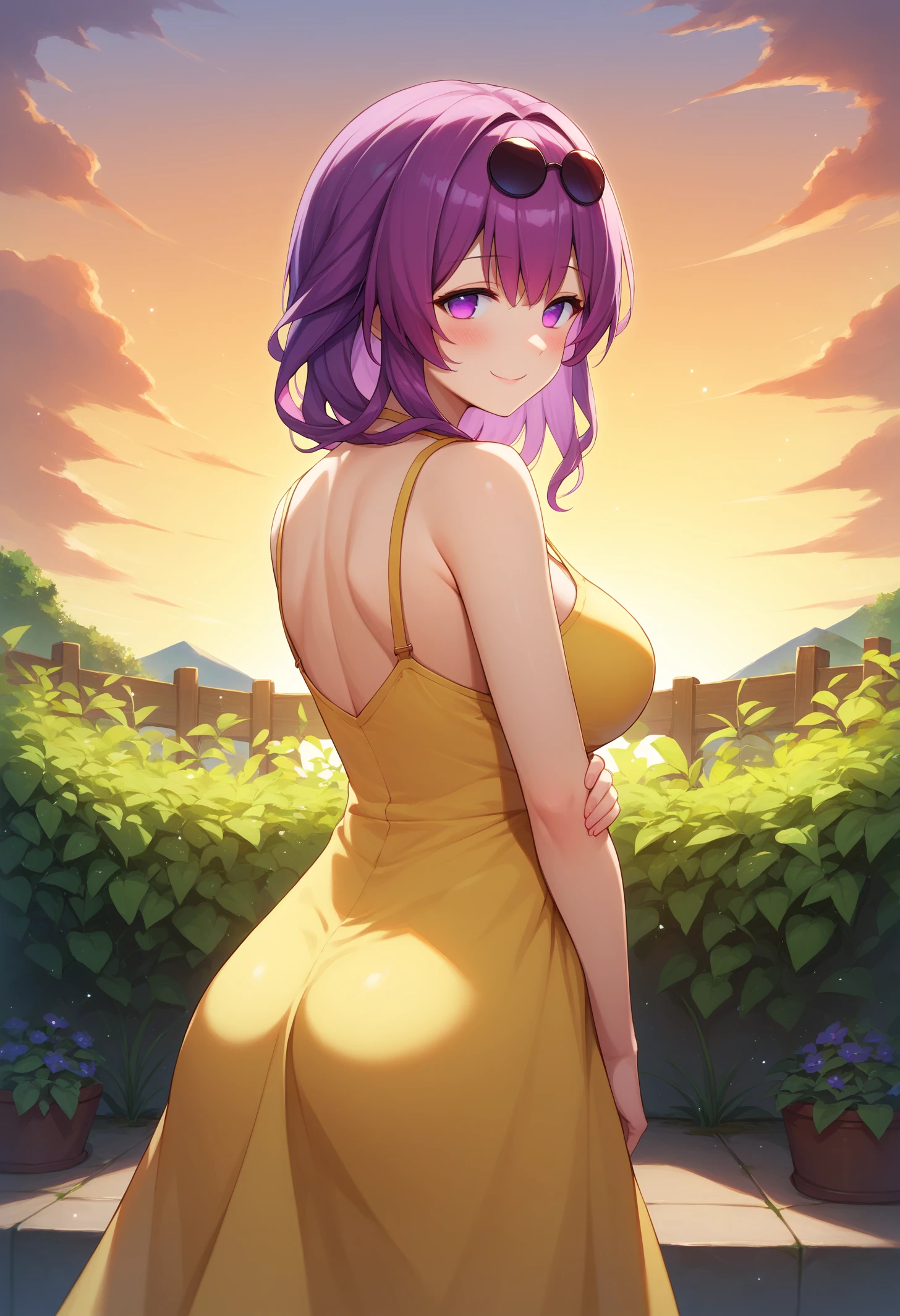 score_9, score_8_up, score_7_up, detailed, BREAK 1girl, solo, kafmoommy, purple eyes, no pupils, purple hair, medium hair, large breasts, eyewear on head, <lora:KafkaPDXL_V1-Manityro-CAME:1.0>,
outdoors, garden, sunset,
looking at viewer, smile, blush, rear view,
yellow sundress,