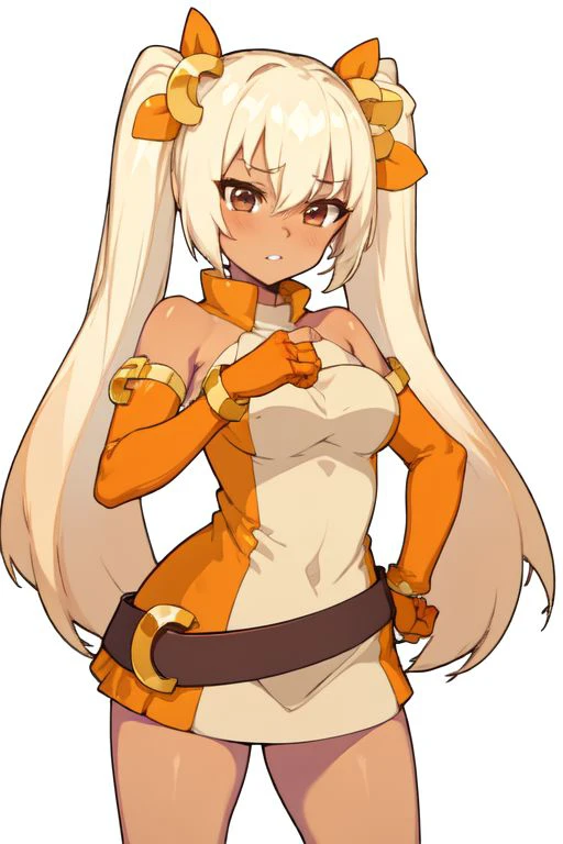 cassiecrushcrush, solo, 1girl, long hair, twin tails, skin tan, tan dress, orange knee boots, brown eyes, orange detached sleeves, orange fingerless gloves, brown belt, gold c hair ornaments, (masterpiece, best quality:1.2), simple background,