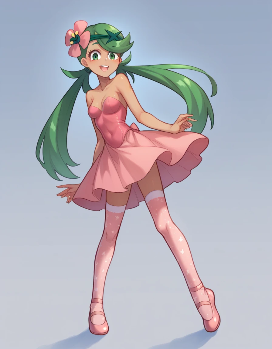 zPDXL, score_9, score_8_up, score_7_up, source_anime,
1girl, solo, <lora:Popoka_v2:1> ppka, Pokemon, Mallow, green hair, long hair, twintails, :D, knees together feet apart, ballerina wearing Enchanting celestial-themed leotard, shimmering tulle skirt, celestial stockings, pointe shoes,