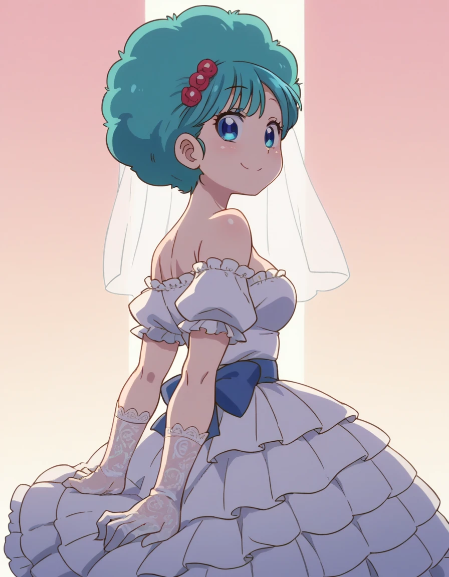 zPDXL, score_9, score_8_up, score_7_up, source_anime, (portrait), 1girl, solo,
<lora:KobayashiDragonPack:1> drgmd, bulma, blue eyes, blue hair, afro , smile, straddling, bride wearing Ruffled off-the-shoulder top with ribbon detail, tulle princess skirt, jeweled hairpin, peep-toe pumps, wedding veil with lace, lace gloves embellished with lace and pearls,embroidered sash cinching the bride's waist