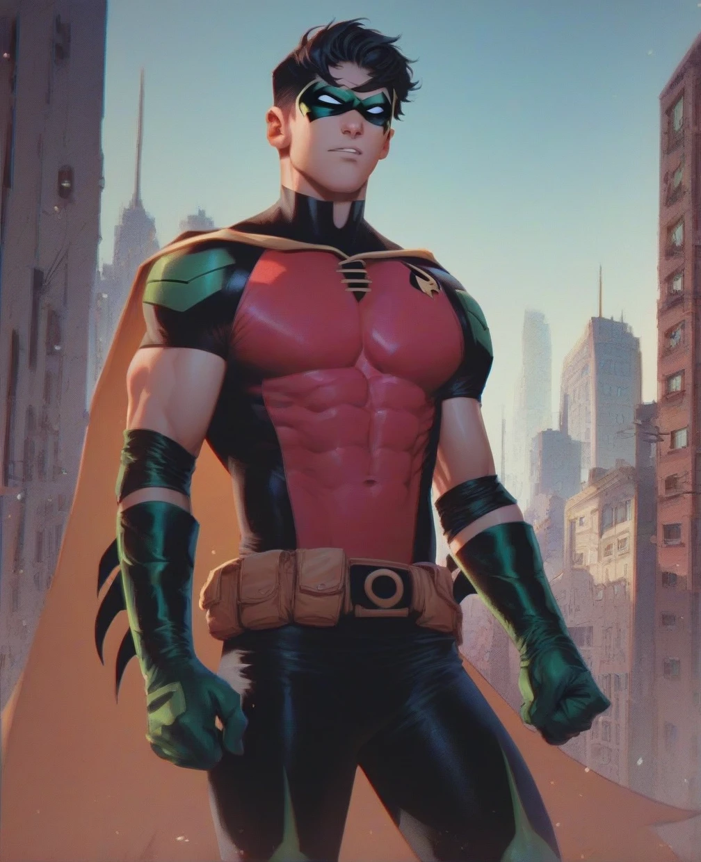 <lora:Tim_Drake:1>, score_9, score_8_up, score_7_up, robin, tim drake, mask, gotham city, pectorals,