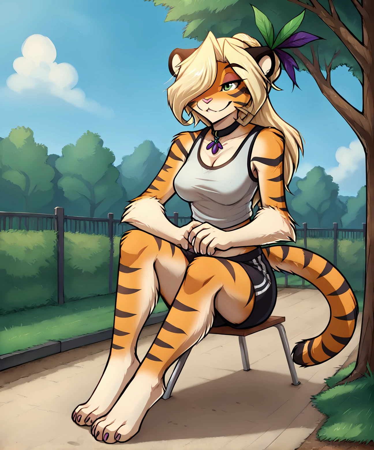 score_9, score_8_up, score_7_up,score_6_up,score_5_up, source_furry
BREAK
solo, furry female anthro, long hair, hair over one eye, medium breasts, (seductive, smug), tank top, gym shorts, hair bun, hair ornament, (outdoors, park), upper body shot, digitigrade
BREAK
<lora:Iris-Twokinds-SDXL-AnonTK-V2-000023:1>, iris-twokinds, keidran, mammal, tiger tail