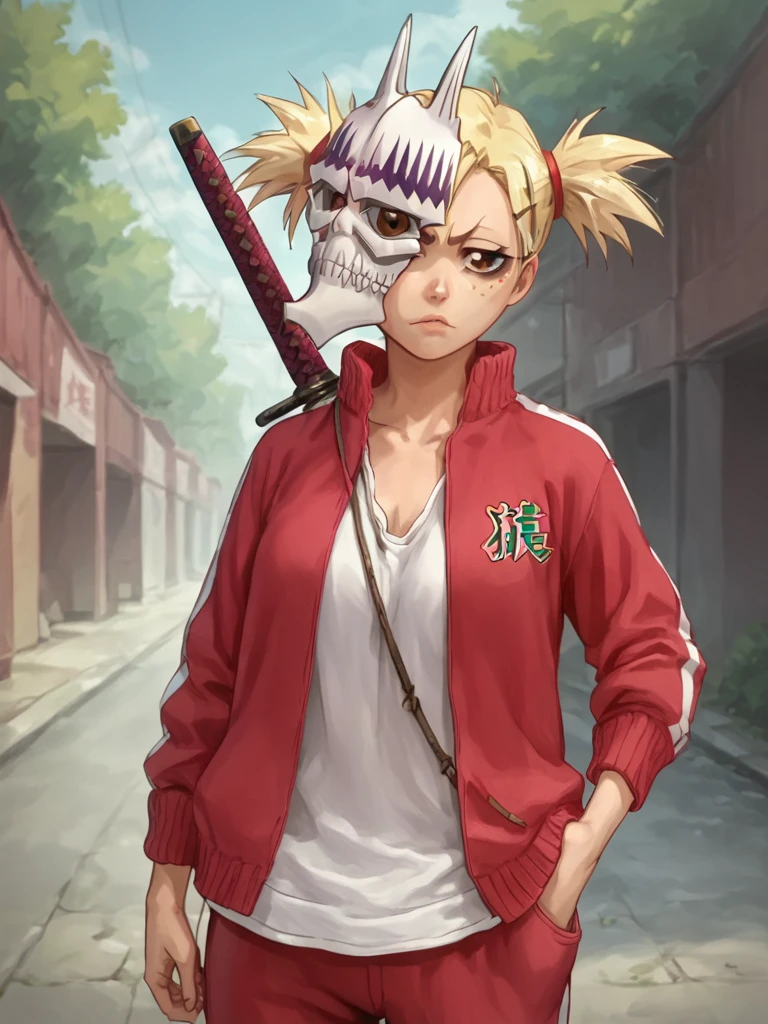 <lora:HiyoriSarugakiPony1.0:1.0>, score_9, score_8_up, score_7_up, score_6_up, score_5_up, score_4_up, looking at viewer,outdoors,katana,
hiyorisarugaki, solo, 1girl, blonde hair, red track jacket, twintails, freckles, hairclip, brown eyes, red track pants, white tank top,mask, hand in pocket,