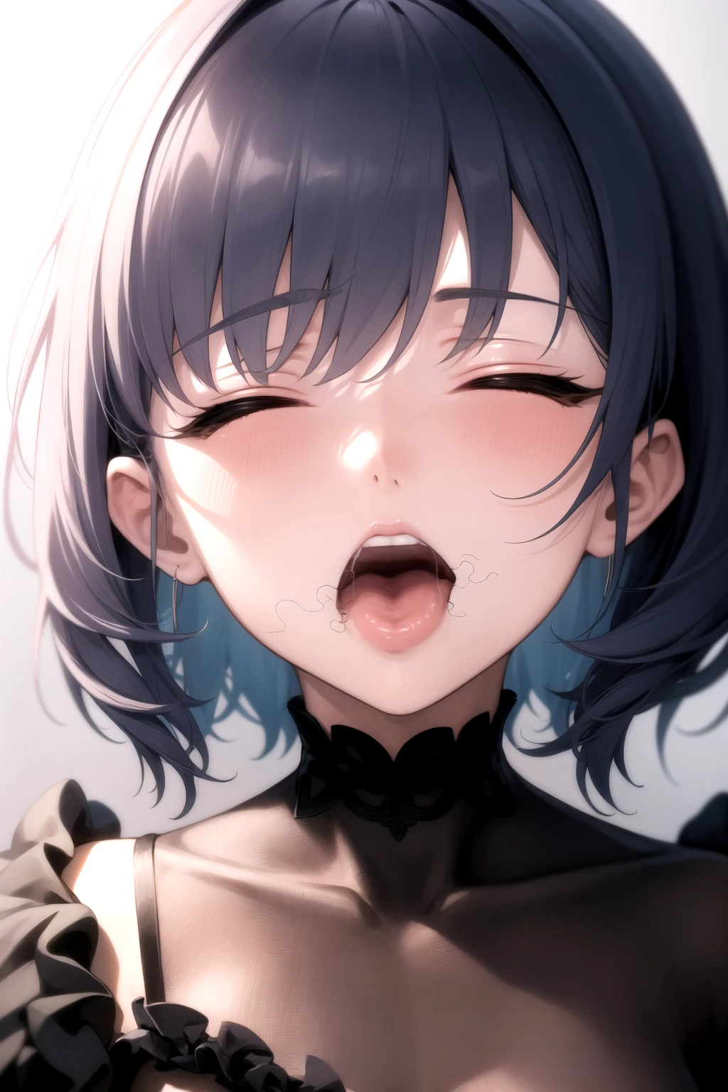 nsfw,portrait,1 girl,black hair,Tongue out,Androgynous,medium hair,sidelocks,Covered,masterpiece,best quality,very aesthetic,absurdres,upper body,straight-on,large,Covered,Smile,(upturned_eyes),From above,cum in Tongue,Ahegao