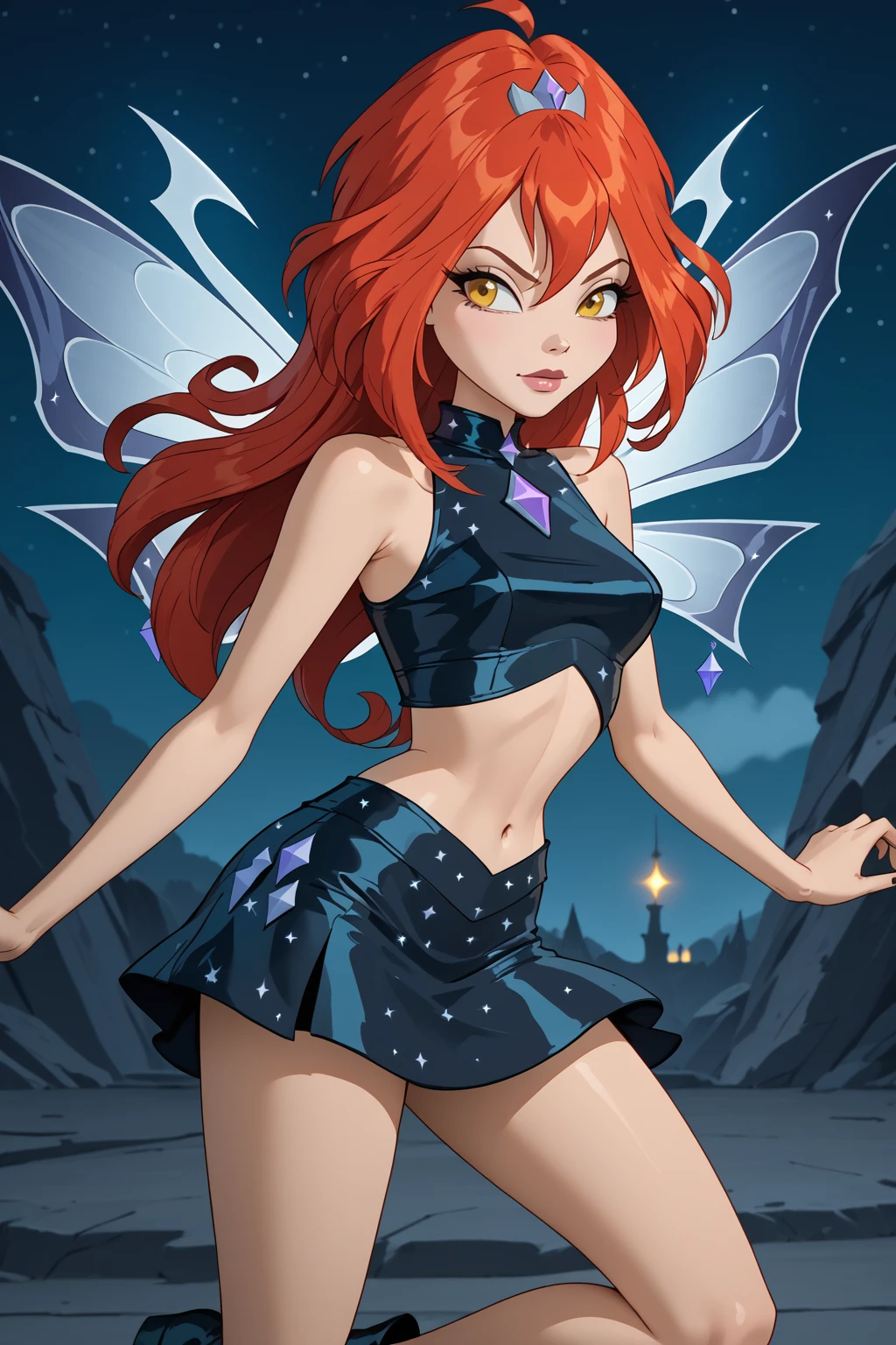 <lora:Character_Bloom_Winx:1>, bloom (winx), dark bloom, wings, dark star pattern crop top, dark star pattern skirt, black boots, yellow eyes, hair ornament, red hair
