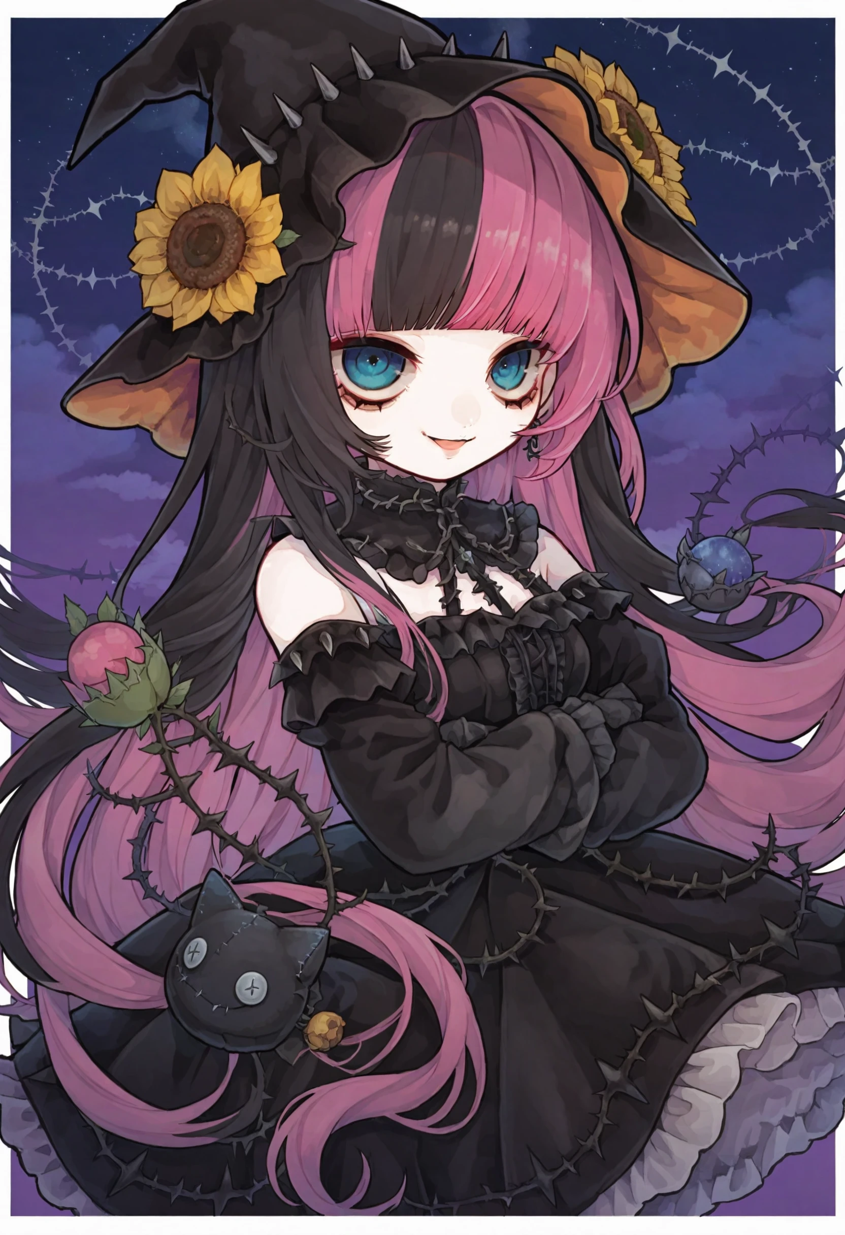 masterpiece, best quality,
1girl,
solo, 1011ta dress, multicolored hair, 1011ta, (sky:1.1), cloud, star, (sky:1.1), border, white border, dress, witch hat, frills, hat, split-color hair, sunflower, large hat, vines, smile, very long hair, flower, crossed arms, blunt bangs, hat flower, bare shoulders, long hair, sleeveless, two-tone hair, black hair, colored inner hair, pink hair, witch, starry sky, thorns, outside border, jewelry, star \(sky\), frilled gloves, earrings, eyelashes, lips, black dress, gloves, streaked hair, virtual youtuber, night sky, looking at viewer, sidelocks, fernandedll a \(star\), rose, night, plant, blue eyes, black gloves, shaded face
<lora:trXLlokr4f-000178:0.95>