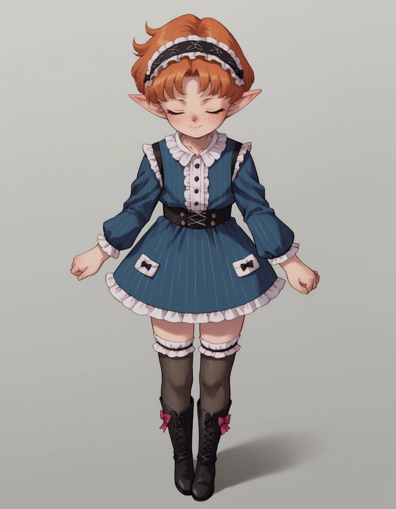 zPDXL, score_9, score_8_up, score_7_up, source_anime,
1girl, solo, <lora:SailorMoon:1> slrmn, <lora:Popipi_v1:0.8> popipi, lalafell, blue eyes, dark nose, freckles, orange hair, short hair, pointy ears,, (closed eyes:1.2), smile, interlocked fingers, gothiclolita wearing Timeless gothiclolita costume, blue pinstripe dress with lace collar, thigh-high stockings, Victorian boots, ribbon headband with bow accents,