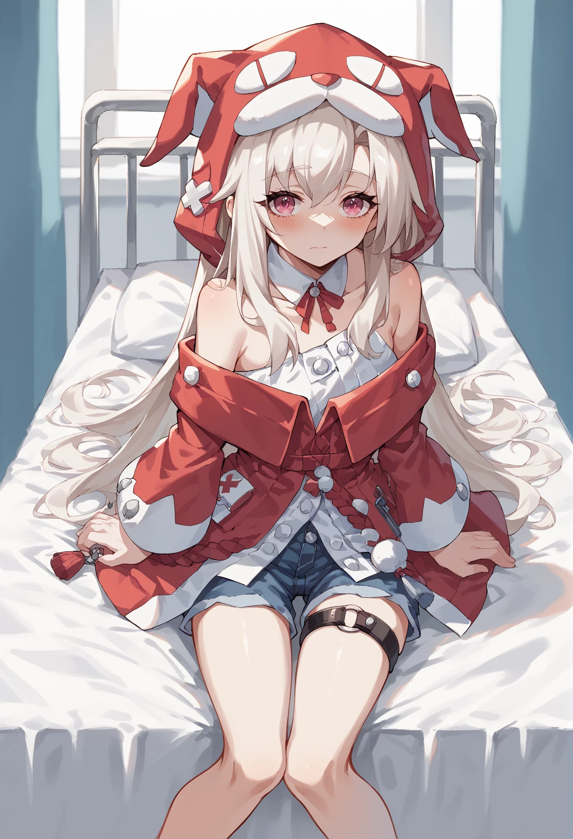 1girl, long hair, white hair, pink eyes, detached collar, thigh strap <lora:personXL:1> red animal hood, shorts, off-shoulder shirt, wristband, infirmary, sitting, hospital bed, infirmary, blushing   <lora:Illya_IQ2:0.8>, score_9, score_8_up, score_7_up, score_6_up, score_5_up, score_4_up, BREAK source_anime, masterpiece