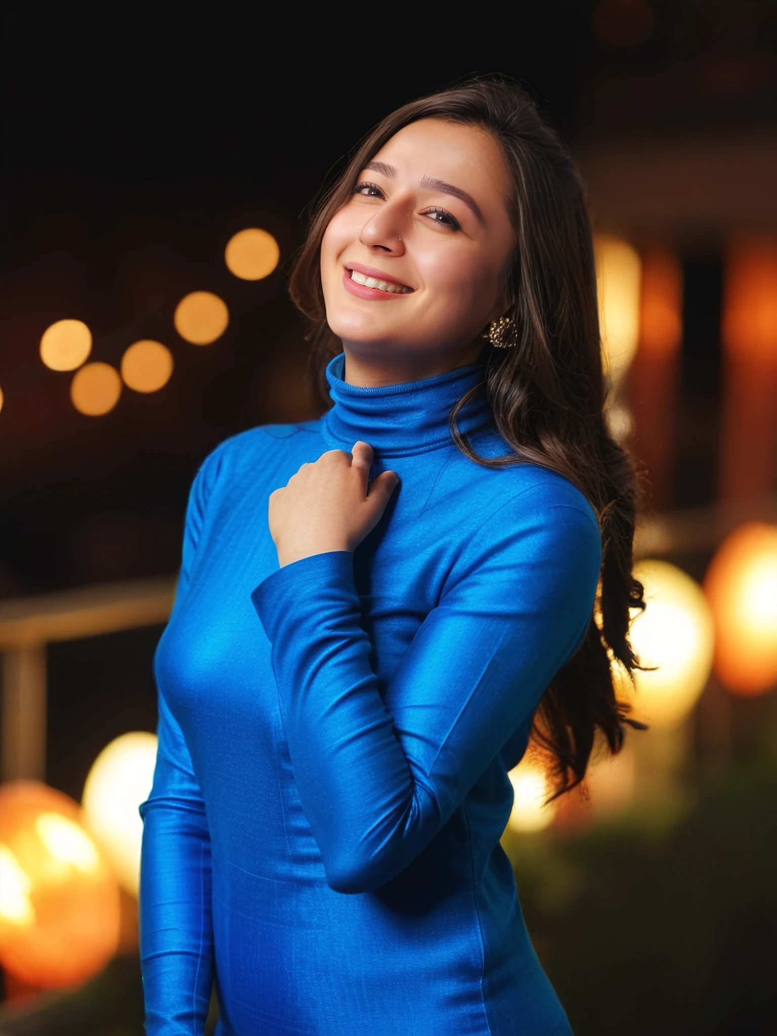 photo of a 30-year-old priyal gor woman,  Blue colored modest turtleneck, dynamic pose, laughing, facing camera, , soft lighting, night time, city lights in bokeh   <lora:Priyal_Gor_SDXL_LoRA_adafactor:1>