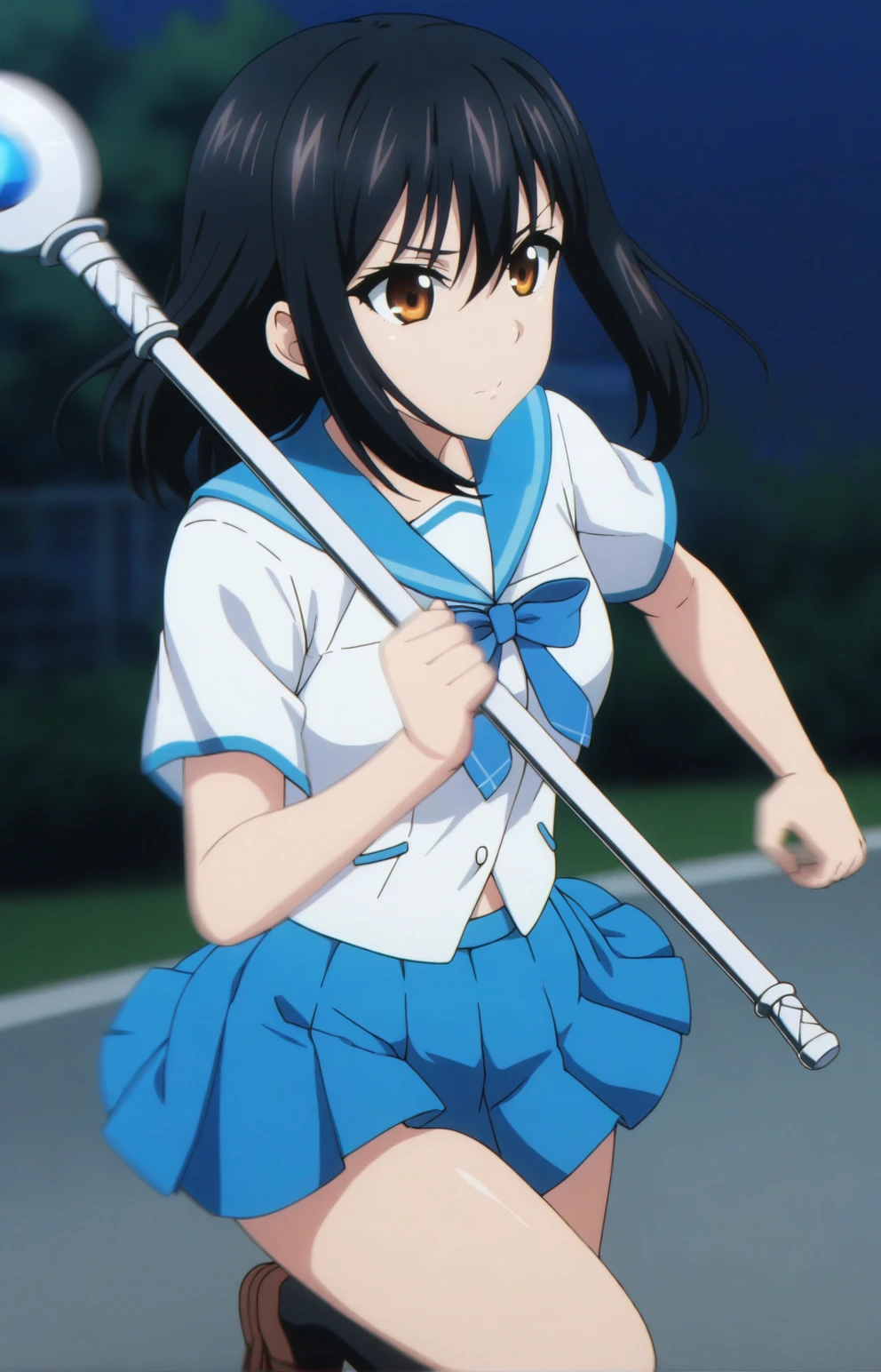 masterpiece, best quality, HYukinaV4XL, 1girl, solo, black hair, school uniform, serafuku, blue sailor collar, white shirt, blue bowtie, short sleeves, blue skirt, miniskirt, pleated skirt, black socks, kneehighs, outdoors, night, fighting stance, holding staff, running, (speed lines:1.4), (motion line:1.3), (motion blur:1.2), <lora:HYukinaV4XL-SDXL-EP10:0.85>