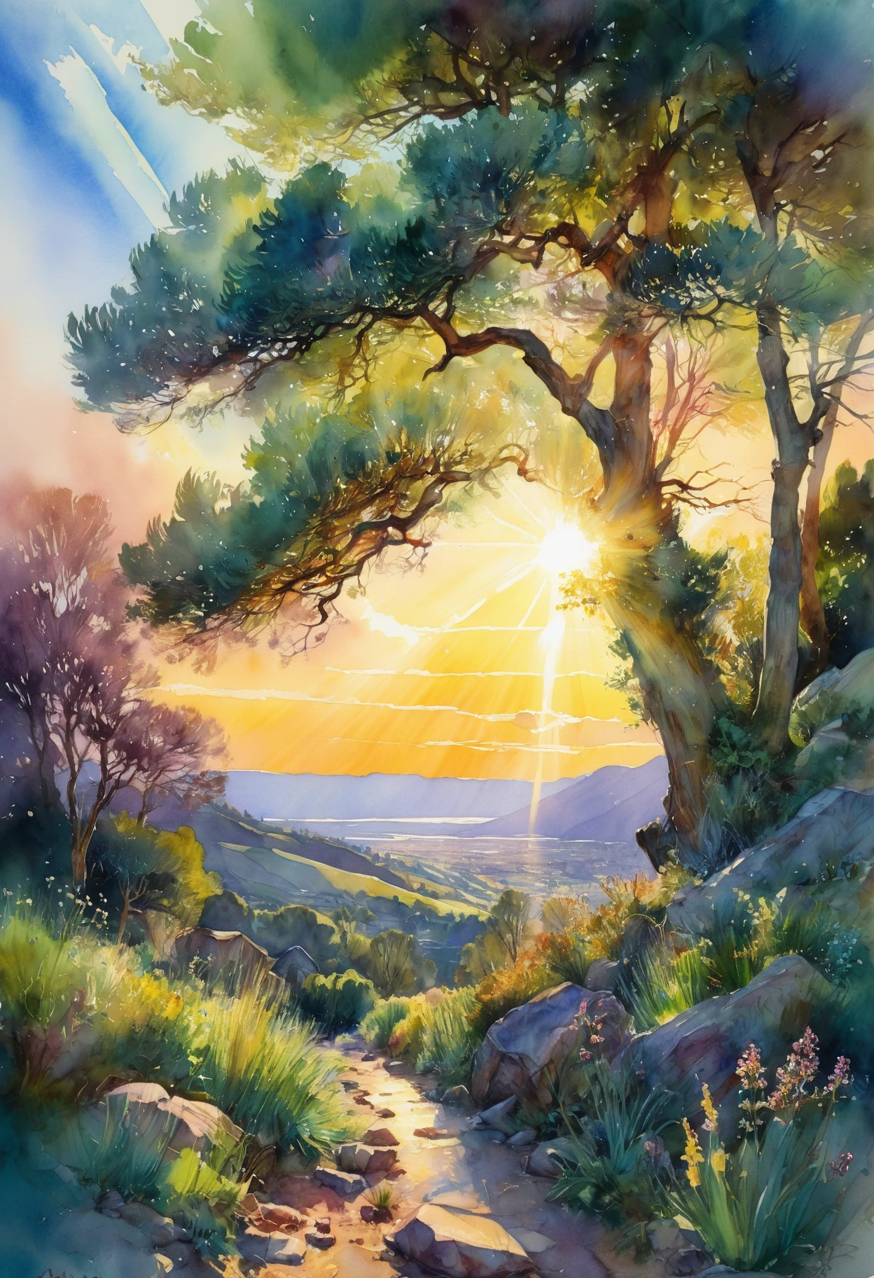 Masterpiece, perfect watercolor illustration, alcohol ink, crossed colors, landscape by Peder Mork Monsted, Erin Hanson, Claude Monet, Arthur Hughes, Melissa McKinnon, David Mack, highly detailed, dappled light, crepuscular rays, captivates with sharp focus, high resolution details, ultra-thin textures, intricate, studio photo quality,