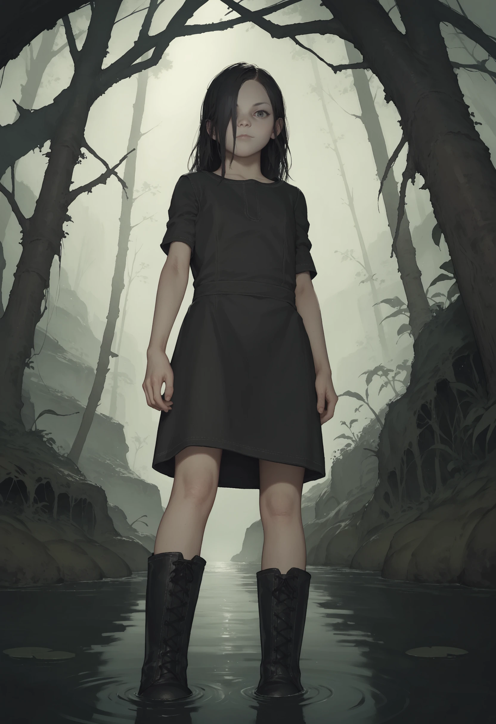 score_9, score_8_up, score_8, source_anime, 1girl, <lora:Eveline:0.75> solo, flat chest, white skin, pale skin, long hair, black hair, hair over one eye, black dress, short sleeves, looking at viewer, boots, standing, view from below, 
swamp, outdoors background,