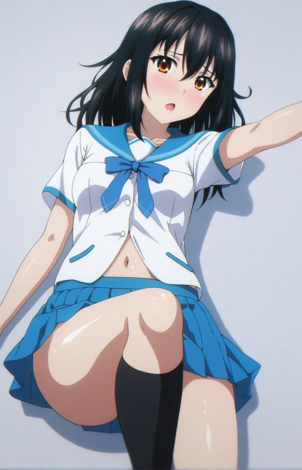 masterpiece, best quality, HYukinaV4XL, 1girl, solo, embarassed, skirt, school uniform, pleated skirt, blue skirt, socks, looking at viewer, kneehighs, white shirt, collarbone, black socks, white background, navel, simple background, shirt, shiny, shiny hair, shiny skin, lying, short sleeves, blue bow, bow, open mouth, on back, miniskirt, outstretched arm, sailor collar, serafuku, blush, bowtie, blue bowtie, blue sailor collar, from above, <lora:HYukinaV4XL-SDXL-EP10:1>