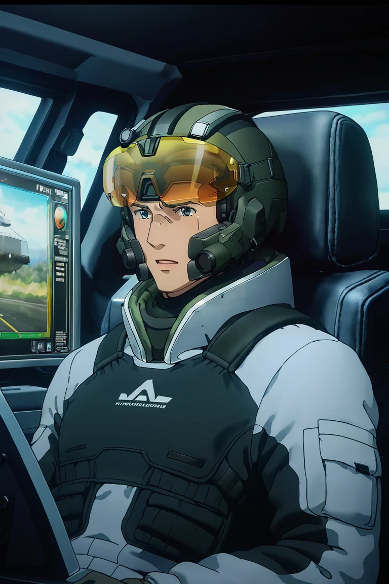 score_9,score_8_up,score_7_up, solo male, RRyoma Arakai \(Brave Bang Bravern\), blond hair, two-tone hair, slicked back hairstyle, undercut, grey eyes, grey pilot jumpsuit, (black tactical vest), black pants, black neck guard, grey tactical gloves, helmet, yellow visor, eyes behind visor, adult, mature, masculine, slim, tone body, handsome, charming, alluring, standing, upper body, perfect anatomy, perfect proportions, best quality, masterpiece, high_resolution, simple background, (sitting inside a huge industrial mecha cockpit, operator's seat, throttle, joystick, multiple monitor screen), science fiction, multiple monitors, cinematic still, emotional, harmonious, vignette, bokeh, cinemascope, moody, epic, gorgeous<lora:EMS-392012-EMS:0.800000>