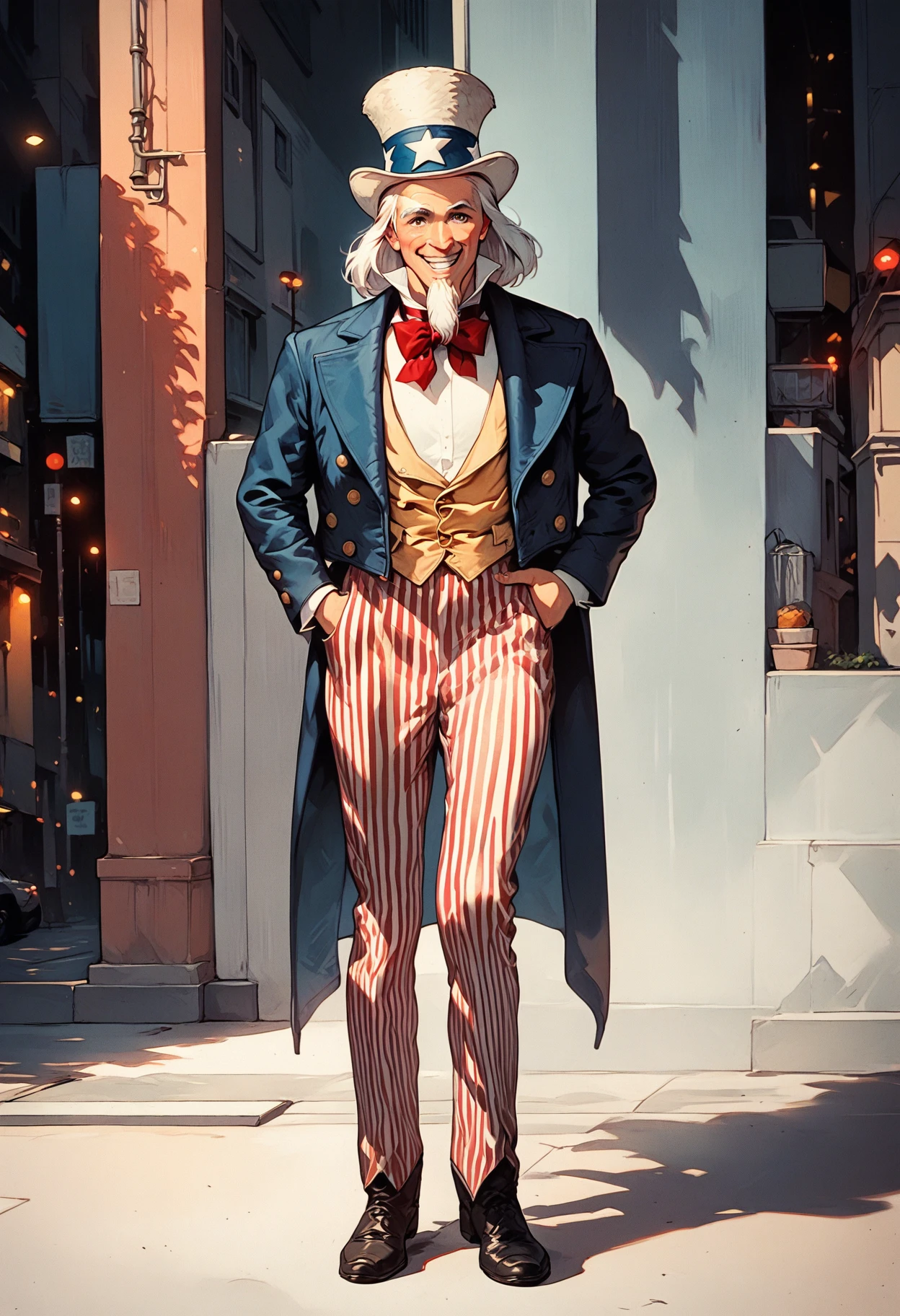 score_9, score_8_up, score_7_up, score_6_up, score_5_up, score_4_up, rating_safe, uncle sam, 1boy, solo, white hair, long goatee, red vertical-striped pants, blue tailcoat, white top hat, yellow vest, (blue hat band with stars:0.5), white shirt, (black boots:0.5), red bowtie, boot clips, light-skinned male, smiling, looking at viewer, from front, full body, urban, knva