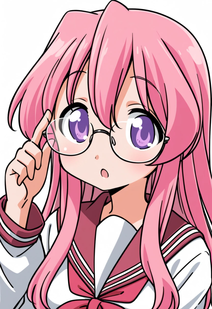 takara miyuki, 1girl, glasses, solo, pink hair, purple eyes, long hair, ryouou school uniform, adjusting eyewear, serafuku, school uniform,upper body,
<lora:Luckystar A31 e1-000009:0.65>