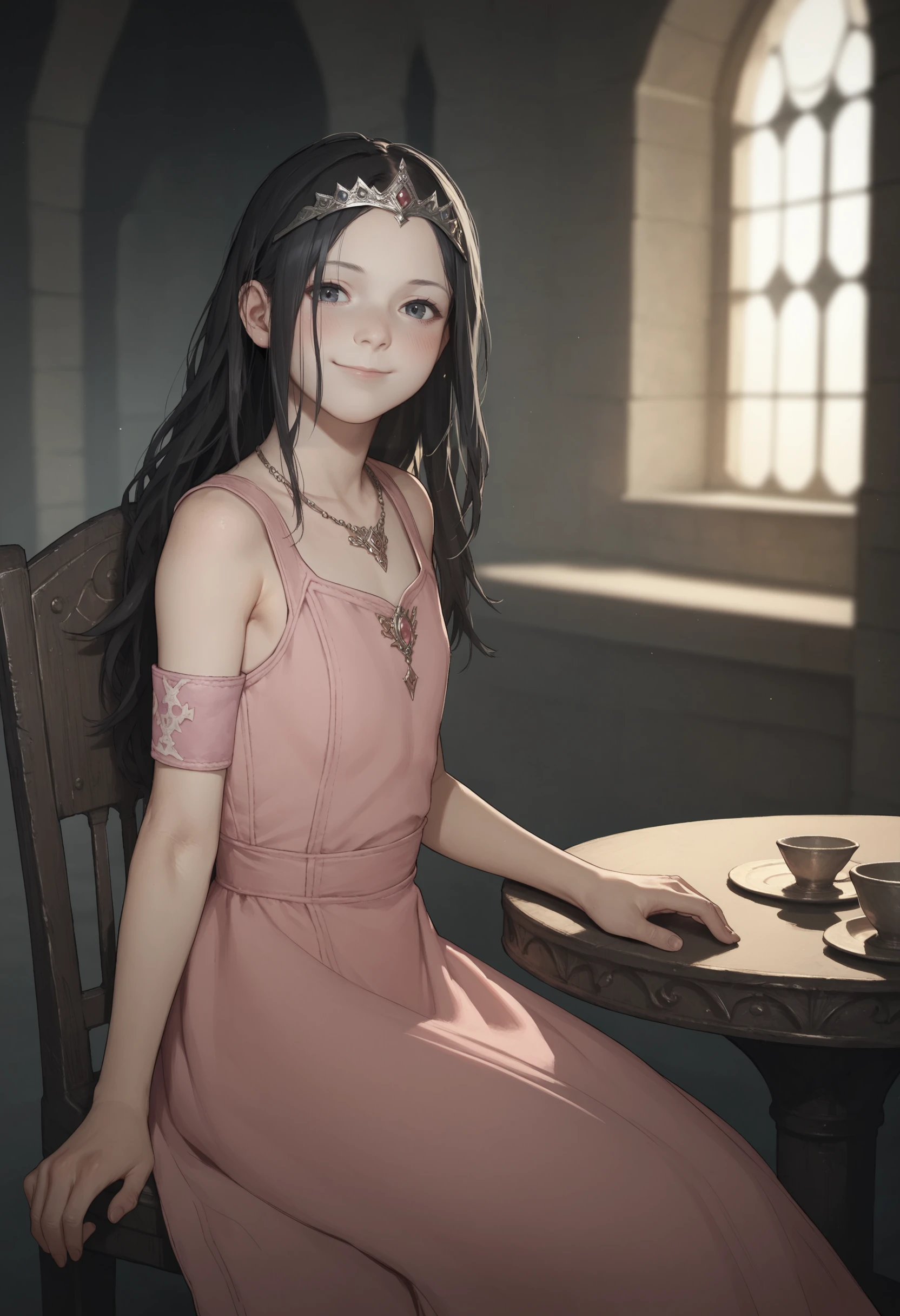 score_9, score_8_up, score_8, source_anime, 1girl, <lora:Eveline:0.7> solo, flat chest, white skin, pale skin, long hair, black hair, pink princess dress, tiara, jewelry, armband, smile, blush, sitting at table, necklace, looking at viewer,
fantasy castle background,