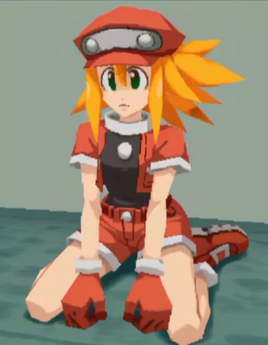 zPDXL, score_9, score_8_up, score_7_up, source_anime, 1girl, solo,
<lora:RockLegend_v1:1> rcklgnd, roll caskett \(mega man\), blonde hair, green eyes, red hair, red jacket, black shirt, red shorts , :o, wariza sitting on knees,