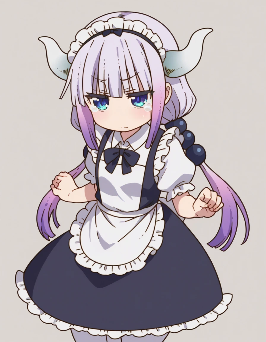 zPDXL, score_9, score_8_up, score_7_up, source_anime, (portrait), <lora:KobayashiDragonPack:1> drgmd, 1girl, solo,
kanna kamui, petite, plump, purple hair, long hair, low twintails, blue eyes , maid-outfit, (white-pantyhose), mary-janes, maid-headdress, maid-apron, tearing up, horns_pose,