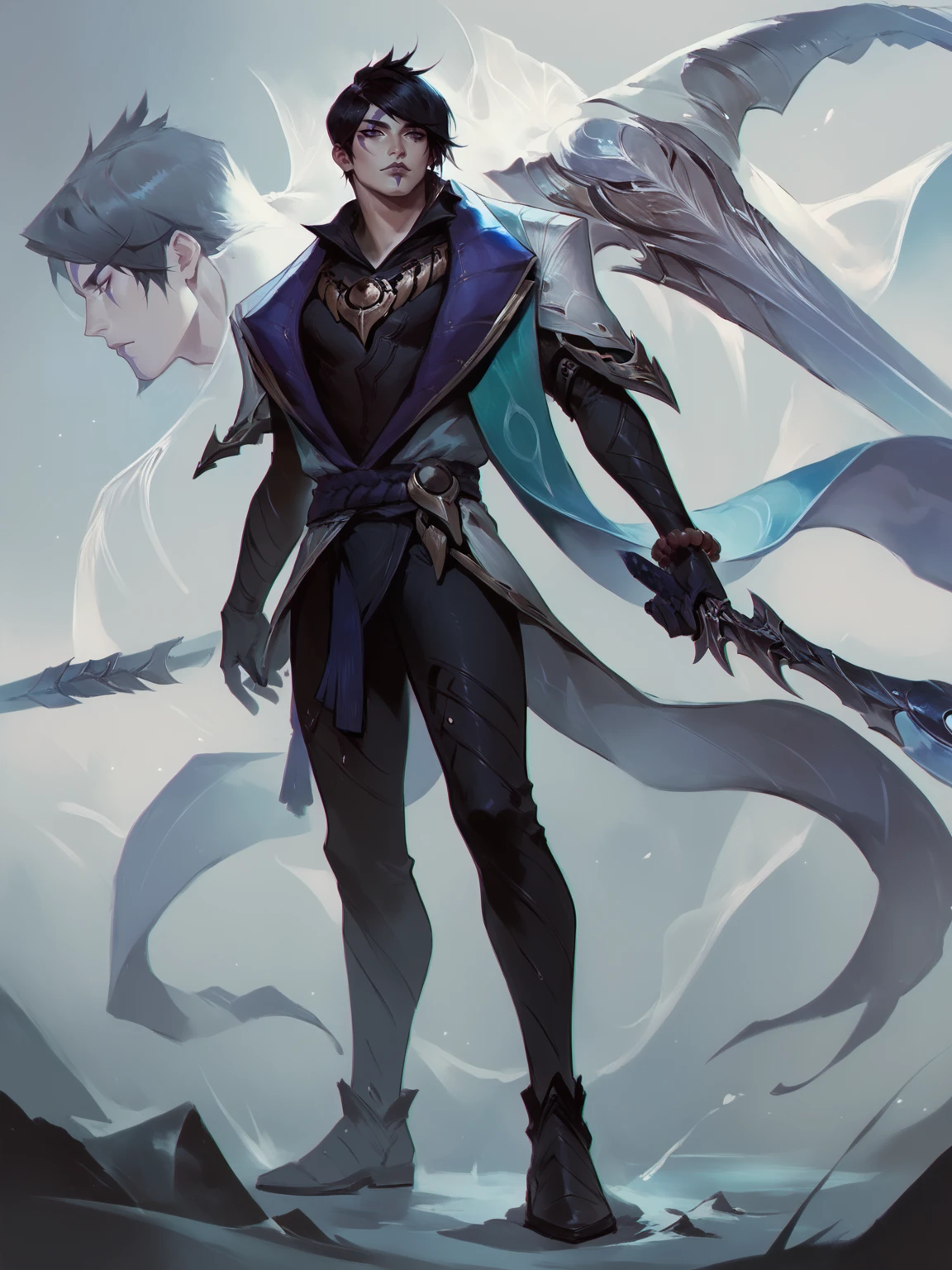 score_9, score_8_up, score_7_up, Aphelios, 1man, solo, robe, black hair, face makeup, black gloves, bracelet, black pants, black boots, concept art, weapon in hand <lora:ApheliosNormal:1> <lora:Concept Art Twilight Style SDXL_LoRA_Pony Diffusion V6 XL:1>