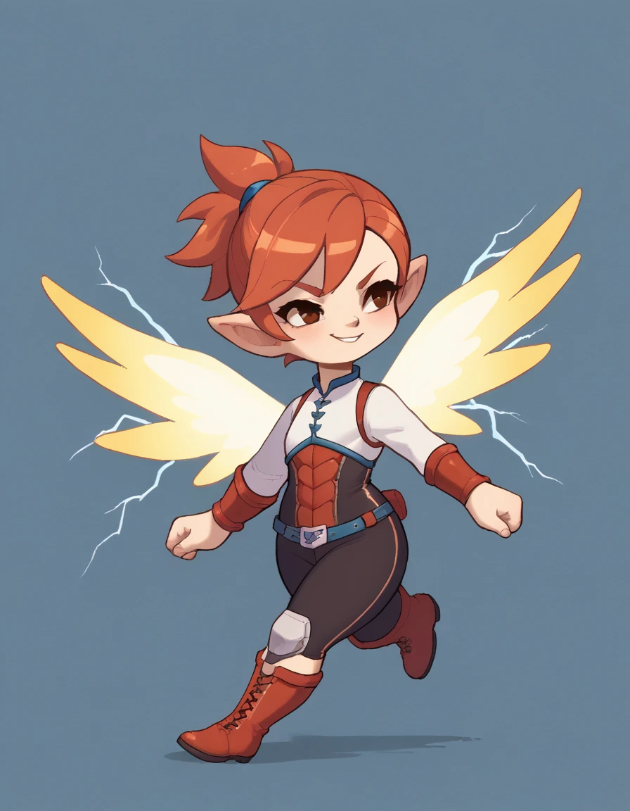 zPDXL, score_9, score_8_up, score_7_up, source_anime,
1girl, solo, smirk, (running), valkyrie wearing Thunderstorm breastplate crackling with energy, lightning bolt leggings, helm resembling storm clouds, thunderous boots, Silk wings adorned with runic patterns, <lora:Lalafell_v2-10:1> lalafell, pointy ears, shortstack, flat chest, (portrait), <lora:StickySweet_v3:1> stkyswt , (zoom shot),
