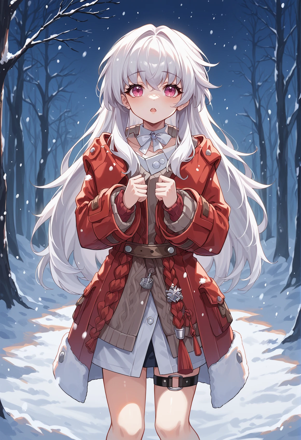 1girl, long hair, white hair, pink eyes, detached collar, white shirt, cardigan, red coat, coat, barefoot, thigh strap, standing, outdoors, forest, night, snow, snowing, chestnut mouth, cowboy shot <lora:Clara_XL-000009:1>, score_9, score_8_up, score_7_up, score_6_up, score_5_up, score_4_up, BREAK source_anime, masterpiece