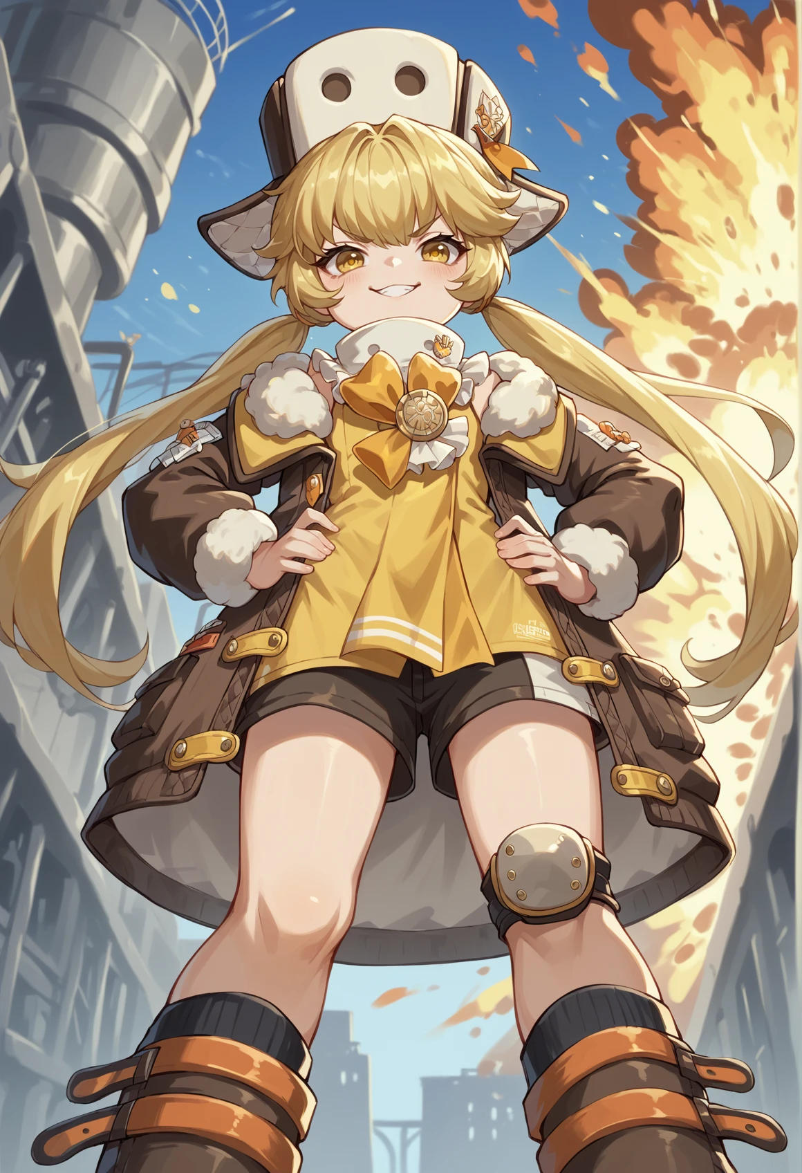 1girl, long hair, blonde hair, yellow eyes, low twintails, hat, brooch, yellow ribbon, brown coat, shorts, single knee pad, boots, hands on own hip, smug, proud, from below, explosion, factory  <lora:Hook_XL:1>, score_9, score_8_up, score_7_up, score_6_up, score_5_up, score_4_up, BREAK source_anime, masterpiece