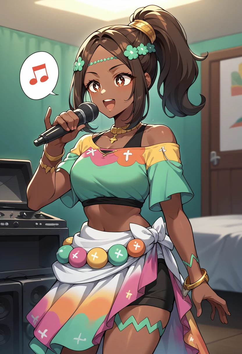 score_9, score_8_up, score_7_up, source_anime, 1girl, cowboy shot, singing, spoken musical note, holding microphone, BREAK <lora:TimerraFE-pdxl:1> casTimerra, very dark skin, star-shaped pupils, high ponytail, circlet, necklace, green crop top, off-shoulder shirt, bead bracelet, thigh strap, multicolored sarong, indoors, karaoke