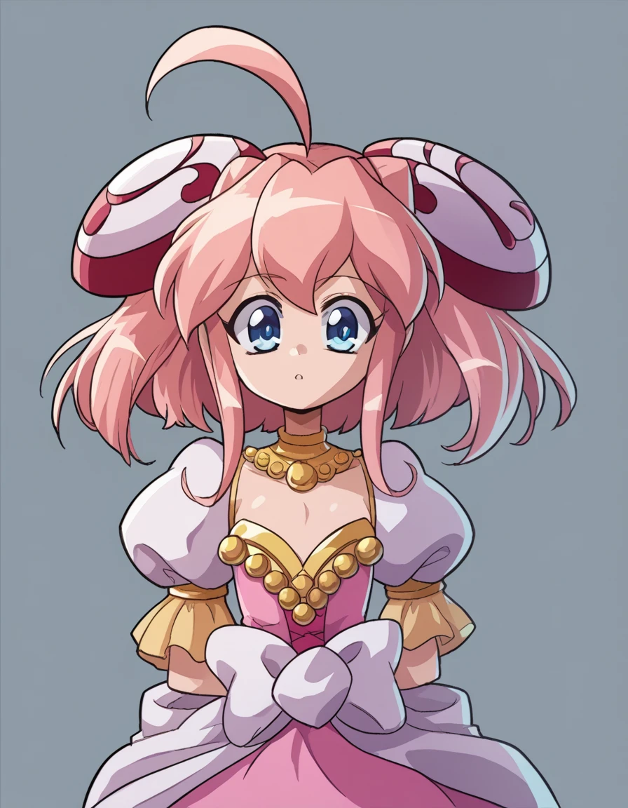 zPDXL, score_9, score_8_up, score_7_up, source_anime,
1girl, solo, <lora:Rizelmine_v2-20:0.8> rizel, ahoge, short hair, hair ornament, hairpods, pink hair, blue eyes, petite, flat chest, (arabian princess) wearing Luxurious brocade gown with metallic accents, draped sleeves, jeweled headband, embroidered slippers, golden filigree crown with cascading pearls, (portrait), <lora:PringleDingle_v2:1> pringus