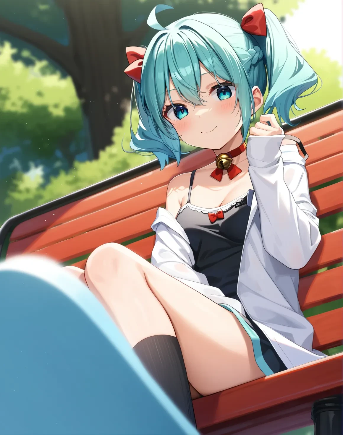 score_9, score_8_up, score_7_up, score_6_up,rating_safe, 1girl sitting on a park bench, (hatsune miku:0.8), sitting, blush, looking at viewer, ahoge, off shoulder, black socks, bow, kneehighs, bell, indoors, smile, neck bell, collar, braid, hair between eyes, (white shirt:1.2), long sleeves, black camisole, choker, medium hair, short twintails,red bow, hair_bow, dutch angle, medium breasts,
, <lora:arumamai_ayuka_plus_style_pony6_v1:.7>