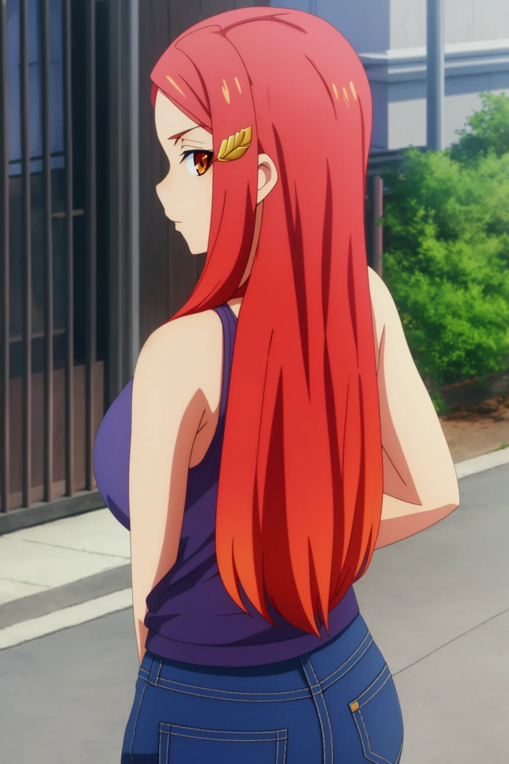 sysdeep_karnatia, 1girl, solo, long_hair, breasts, medium_breasts, orange_eyes, sidelocks, red_hair, looking_at_viewer, looking_back, city, blue_jeans, tank-top, outdoors, street