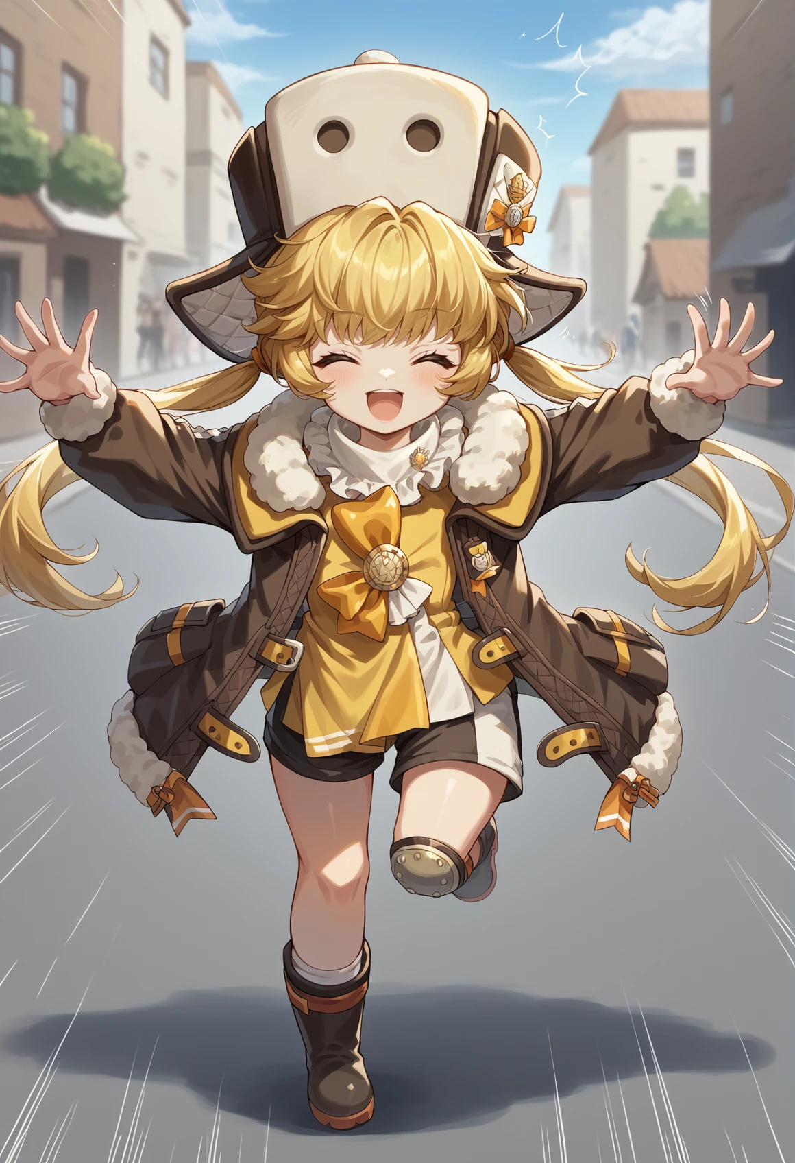 1girl, long hair, blonde hair, yellow eyes, low twintails, hat, brooch, yellow ribbon, brown coat, shorts, single knee pad, boots, closed eyes, outstretched arms, running, XD, smile, open mouth, street, speed lines  <lora:Hook_XL:1>, score_9, score_8_up, score_7_up, score_6_up, score_5_up, score_4_up, BREAK source_anime, masterpiece